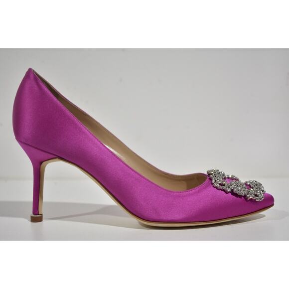 Manolo Blahnik Hangisi 70 Spur Pink Satin Jewel Crystal Buckle Heel Pump 39.5 - Picture 2 of 10